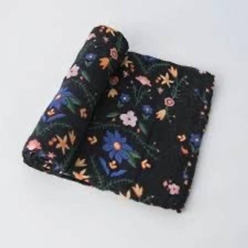 Little Unicorn Black Wildflower Organic Cotton Muslin Swaddle Blanket Floral